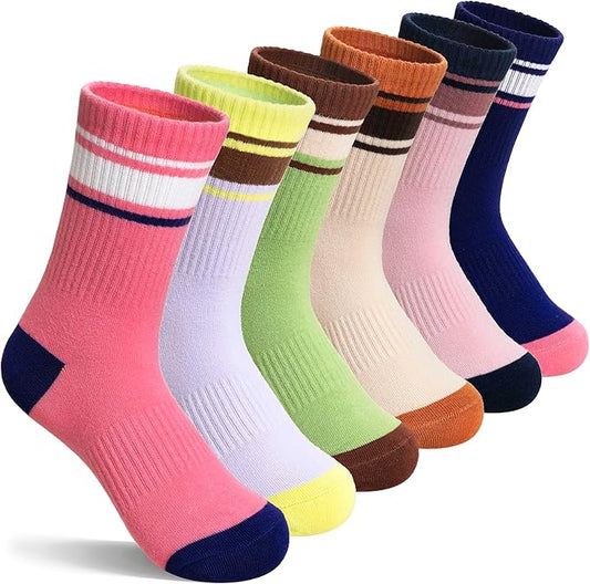 Kids Girls Socks Athletic Sport Breathable Soft Cotton Youth Girsl Crew Socks 6 Pairs