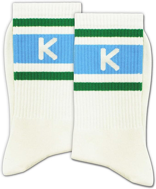 Retro Blue Striped Crew Socks with Letter K, Classic Initial Monogram Socks for Women or Men.(007)
