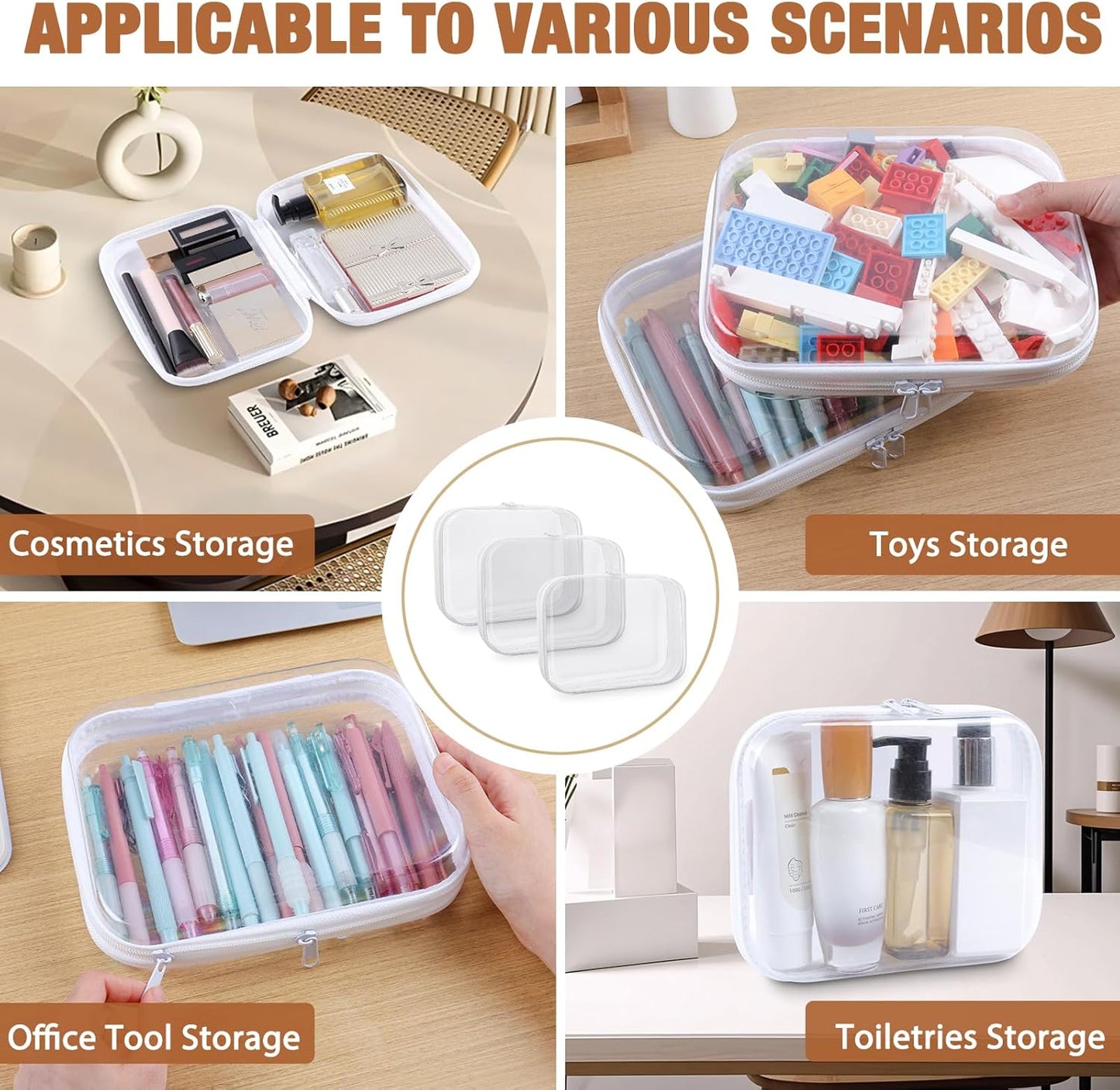 Clear Hard Shell Zipper Case 3 PCS Clear Cosmetic Make up Bag Waterproof Travel Toiletry Bag for Women, Hard Plastic Zipper Pouches Portable Travel Storage Organizer Bins (White, 10"x8"x2")