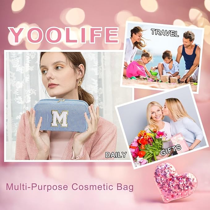 YOOLIFE Teen Girls Makeup Bag - Monogram Makeup Bags Cosmetic Toiletry Pouch Make Up Case for Women Her Best Friend Friendship Sister Teacher, Personalized Birthday Gifts for Women, Blue Y