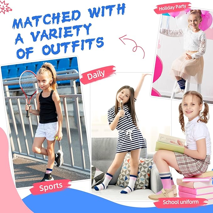 Kids Girls Socks Athletic Sport Breathable Soft Cotton Youth Girsl Crew Socks 6 Pairs