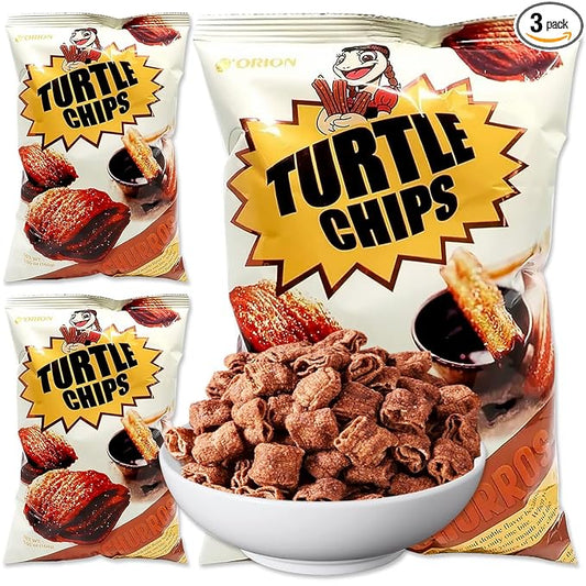 K-Munchies Orion Turtle Chips - 3 Packs of 160-gram Choco Churro Flavor Korean Chips - Sweet, Crispy, Korean Snacks with Hint of Cinnamon - Bite-Sized, On-The-Go Korean Corn Snack