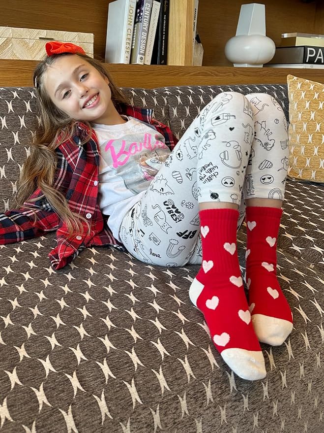 COTTON DAY Kids Girls Pink White Crew Athletic Socks with Retro Stripes Hearts