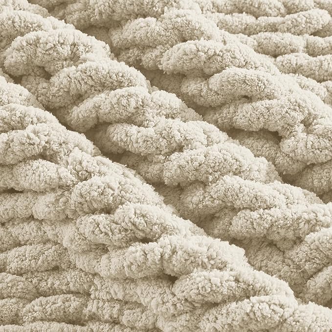 Carriediosa Chunky Knit Throw Blanket 50" X 60", 100% Hand Made Large Chenille Loop Yarn Soft Fluffy Throws for Couch Sofa Bed, Big Crochet Cozy Heavy Thick Cable Woven Blanket, Light Beige