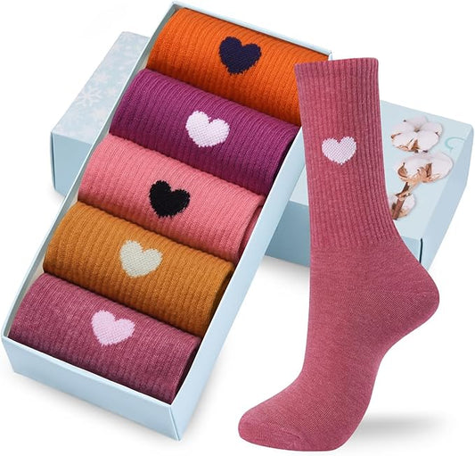 Corlap Women's Cute Cotton Crew Athletic Running Socks - Ankle High, Novelty Fun Heart Design 5-Pairs (Gift Box)