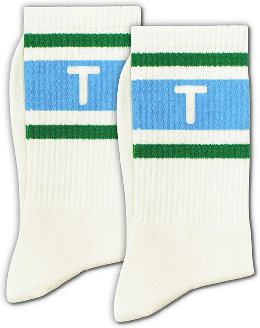 Blue and Off-white Retro Striped Crew Socks with The Letter, Classic Initial Sporty Monogram Socks.
