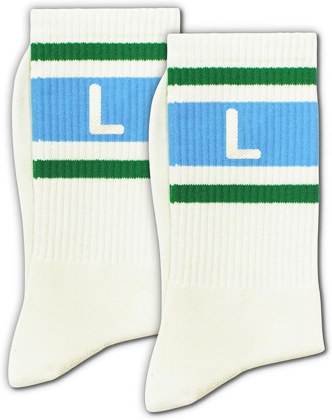 Blue and Off-white Retro Striped Crew Socks with The Letter, Classic Initial Sporty Monogram Socks.