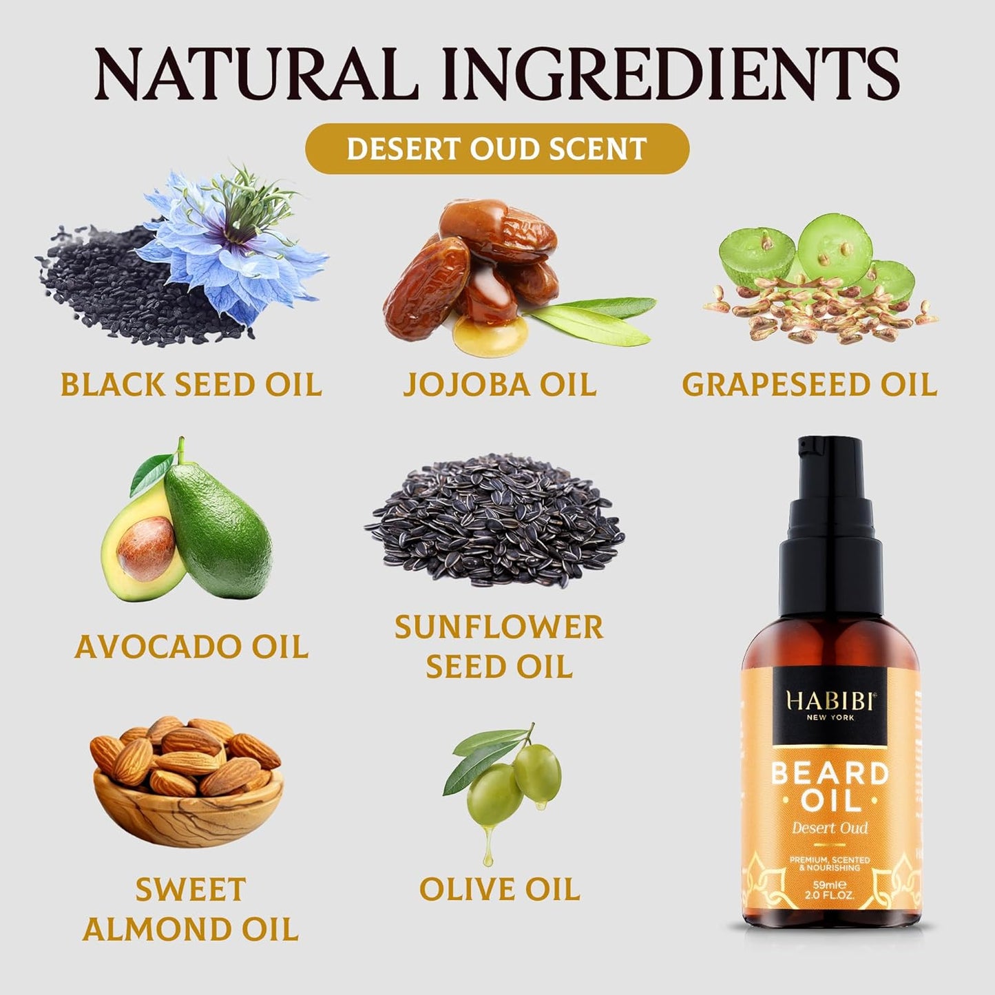 H HABIBI Desert Oud Beard Oil – 2.0 Fl. Oz Naturally Derived Beard Growth Oil for Men, Beard Care Essential – Hydrates, Nourishes & Promotes Healthy Growth, Made in USA