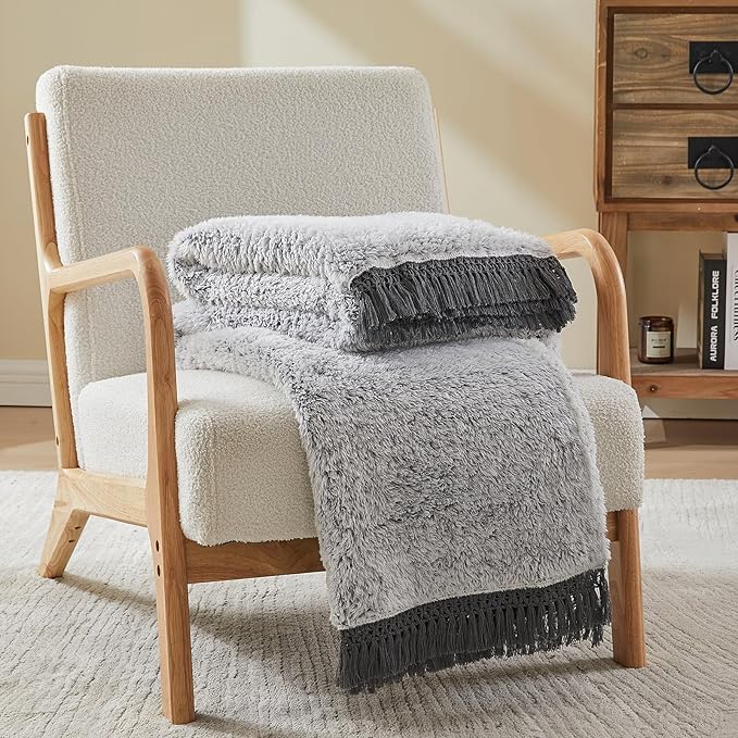 EMME Soft Sherpa Fleece Blanket with Tassel, Reversible Plush Fluffy Large Blanket, Light Weight Warm Decorative Boho Blanket Cover for Sofa, Couch, Bedroom,Travel(Tassel Grey,50"x60")