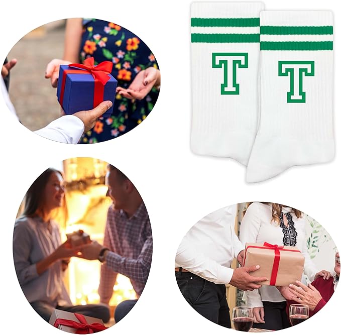 Striped Initial Socks with the Letter in Green, St. Patricks Day Socks Gifts for Family Friends, etc.