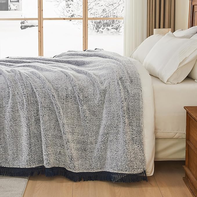 EMME Soft Sherpa Fleece Blanket with Tassel, Reversible Plush Fluffy Large Blanket, Light Weight Warm Decorative Boho Blanket Cover for Sofa, Couch, Bedroom,Travel(Tassel Navy,60"x80")