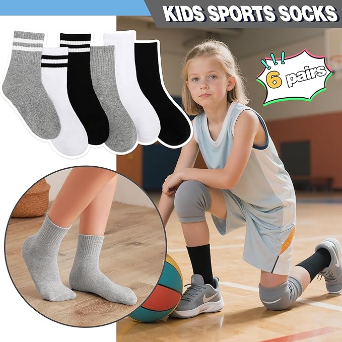 MOGGEI 6 Pairs Girls Kids Socks Athletic Sport Basketball Cotton Soft Crew Breathable Socks for Outdoor