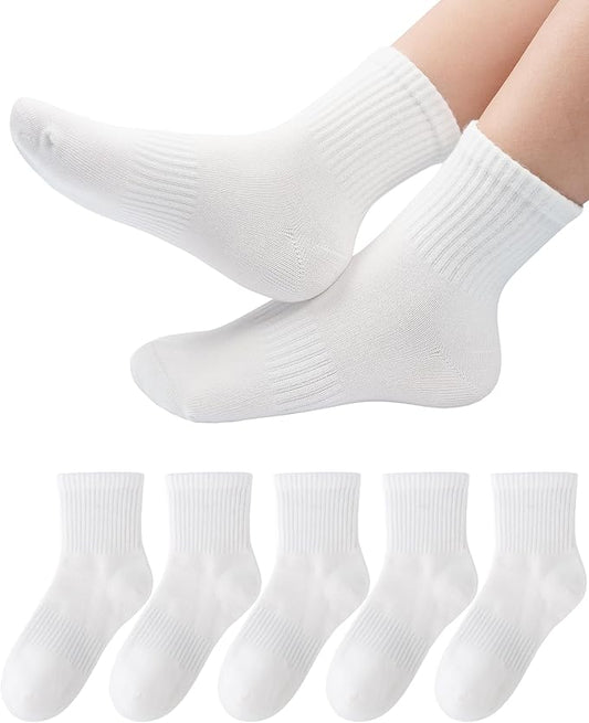 HONGTEYA Kids Socks for Girls Boys Soft Stretch Cotton Crew Seamless Athletic Socks School Uniform 4-12 Years 5 Packs
