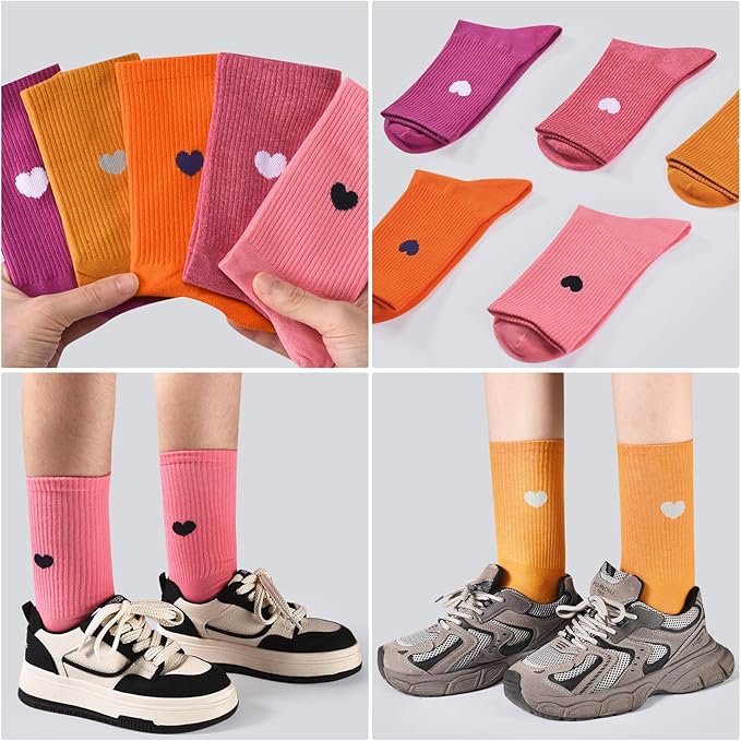 Corlap Women's Cute Cotton Crew Athletic Running Socks - Ankle High, Novelty Fun Heart Design 5-Pairs (Gift Box)