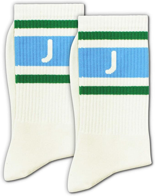 Blue and Off-white Retro Striped Crew Socks with The Letter, Classic Initial Sporty Monogram Socks.