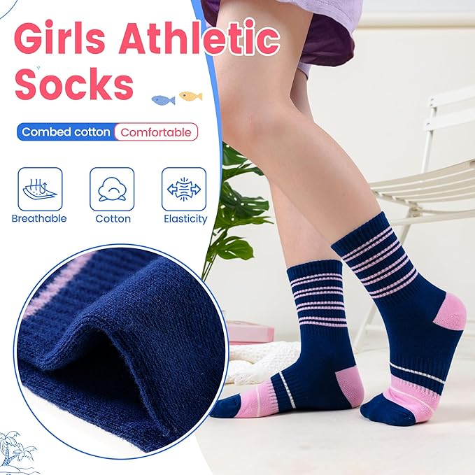Kids Girls Socks Athletic Sport Breathable Soft Cotton Youth Girsl Crew Socks 6 Pairs