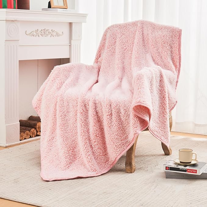 EMME Soft Sherpa Fleece Blanket Reversible Plush Fluffy Large Blanket, Light Weight Warm Decorative Boho Blanket Cover for Sofa, Couch, Bedroom,Travel(Plush Pink,90"x90")