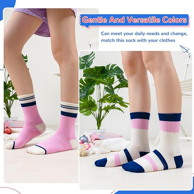 Kids Girls Socks Athletic Sport Breathable Soft Cotton Youth Girsl Crew Socks 6 Pairs