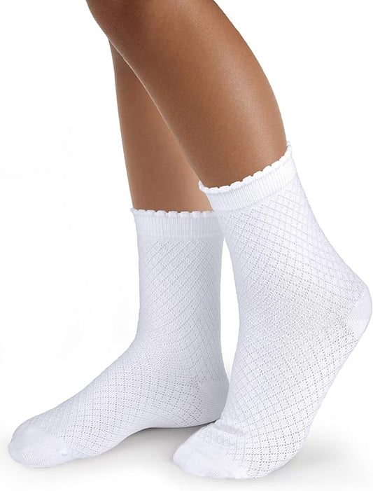 COTTON DAY Girls White Dressy Textured Short Socks Scallop Top Design 5 Pack