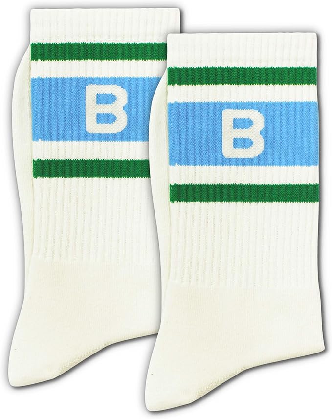 Blue and Off-white Retro Striped Crew Socks with The Letter, Classic Initial Sporty Monogram Socks.