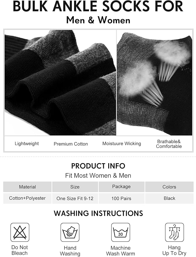 Tarpop 100 Pairs Bulk Mens Socks Moisture Wicking Casual Sports Ankle Socks for Homeless Unisex Adult Men Women