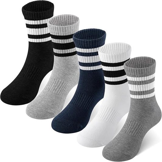 HONGTEYA Kids Socks for Girls Boys Soft Stretch Cotton Crew Seamless Athletic Socks School Uniform 4-12 Years 5 Packs