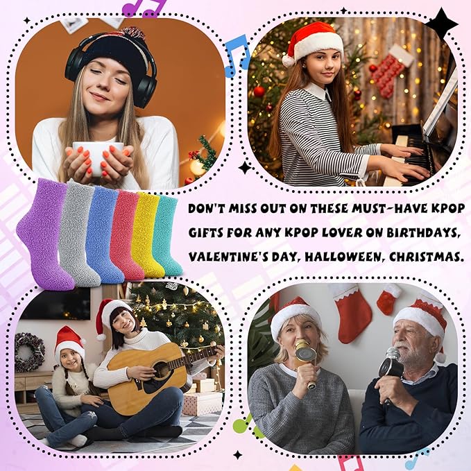 Ramede 6 Pairs Grip Fuzzy Crew Socks for Women Men Novelty Socks Funny Movie Theater K-pop Memorabilia for Xmas Birthday Gift