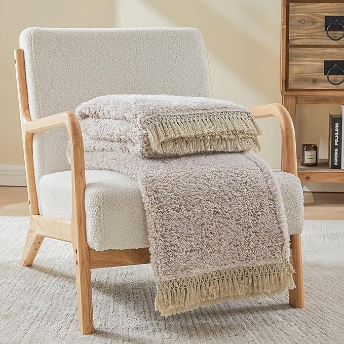 EMME Soft Sherpa Fleece Blanket with Tassel, Reversible Plush Fluffy Large Blanket, Light Weight Warm Decorative Boho Blanket Cover for Sofa, Couch, Bedroom,Travel(Tassel Khaki,108"x90")