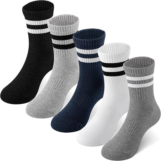 HONGTEYA Kids Socks for Girls Boys Soft Stretch Cotton Crew Seamless Athletic Socks School Uniform 4-12 Years 5 Packs