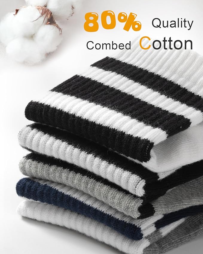 HONGTEYA Kids Socks for Girls Boys Soft Stretch Cotton Crew Seamless Athletic Socks School Uniform 4-12 Years 5 Packs