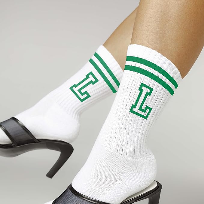 Striped Initial Socks with the Letter in Green, St. Patricks Day Socks Gifts for Family Friends, etc.