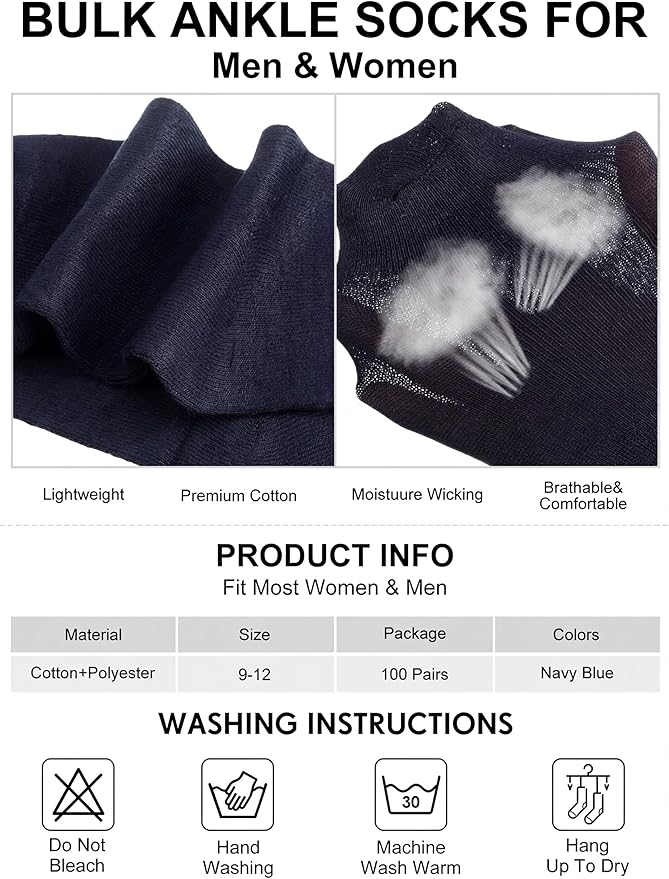 Tarpop 100 Pairs Bulk Mens Socks Moisture Wicking Casual Sports Ankle Socks for Homeless Unisex Adult Men Women