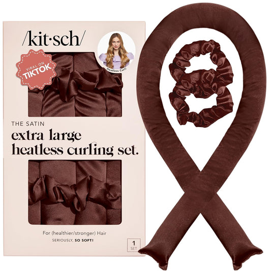 Kitsch XL Satin Heatless Curling Set – Heatless Hair Curler for Women, Hair Curler to Sleep In - with 2 Satin Scrunchies for Overnight Curls – No Heat Damage Styling with Heatless Curler - Chocolate