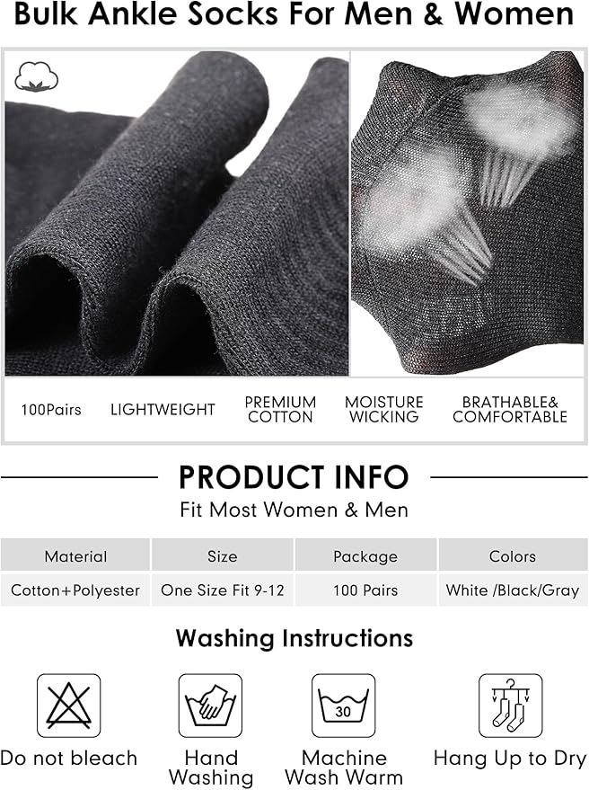 Tarpop 100 Pairs Bulk Mens Socks Moisture Wicking Casual Sports Ankle Socks for Homeless Unisex Adult Men Women