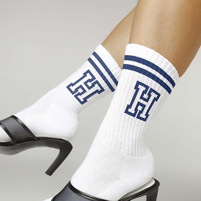 Striped Initial Socks with the Letter in Navy Blue, Socks for Adult, Teens, Men&Women Socks, Gifts for Friends, Family, etc.