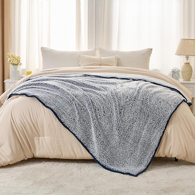 EMME Soft Sherpa Throw Blanket Fleece Reversible Plush Fluffy Blanket, Light Weight Warm Decorative Boho Blanket Cover for Sofa, Couch, Bedroom,Travel(Plush Navy,50"x60")