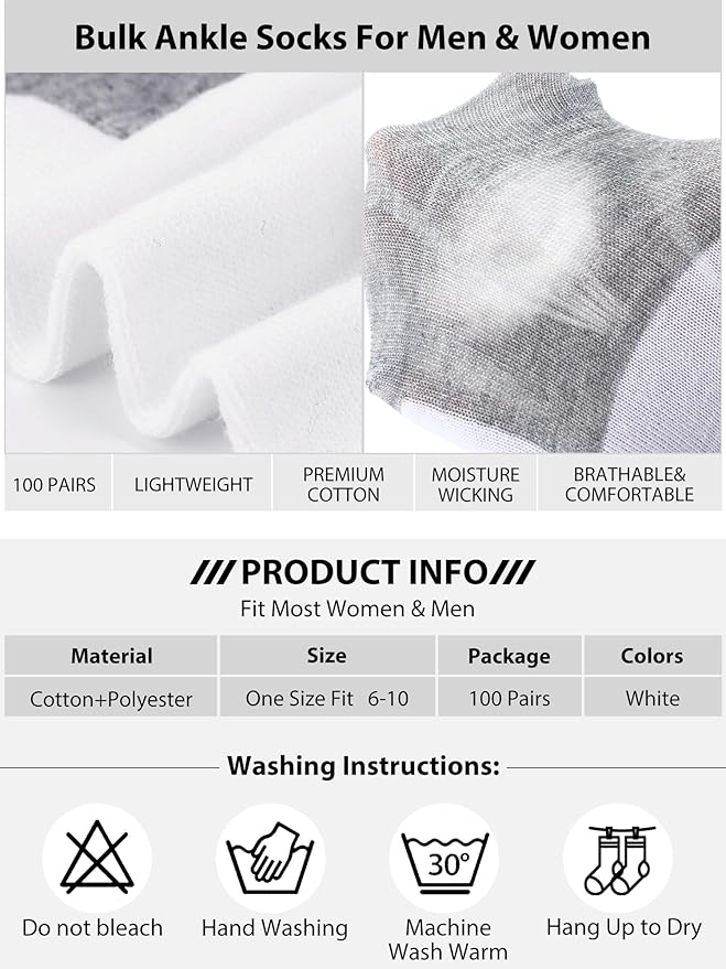 Tarpop 100 Pairs Bulk Mens Socks Moisture Wicking Casual Sports Ankle Socks for Homeless Unisex Adult Men Women