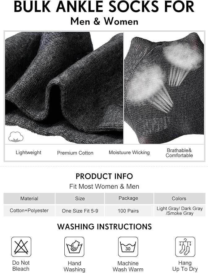 Tarpop 100 Pairs Bulk Mens Socks Moisture Wicking Casual Sports Ankle Socks for Homeless Unisex Adult Men Women