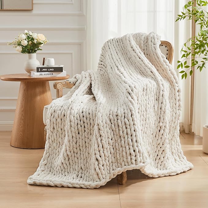 Carriediosa Chunky Knit Throw Blanket 50" X 60", 100% Hand Made Large Chenille Loop Yarn Soft Fluffy Throws for Couch Sofa Bed, Big Crochet Cozy Heavy Thick Cable Woven Blankets, Cream White