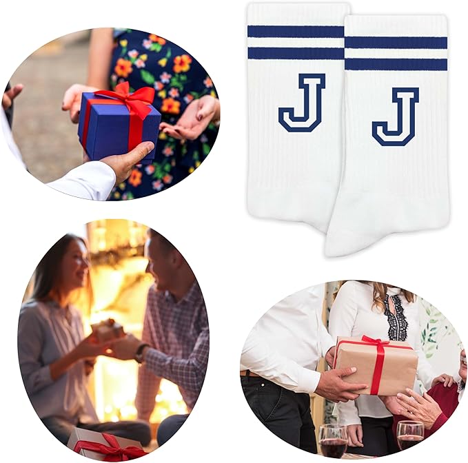Striped Initial Socks with the Letter in Navy Blue, Socks for Adult, Teens, Men&Women Socks, Gifts for Friends, Family, etc.