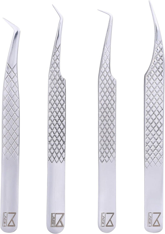 M LASH Eyelash Extension Tweezers (Set of 4) - Professional & Precision Lash Tweezers for Eyelash Extensions - Japanese Steel, Diamond Grip, Fiber Tip V3 (Silver)