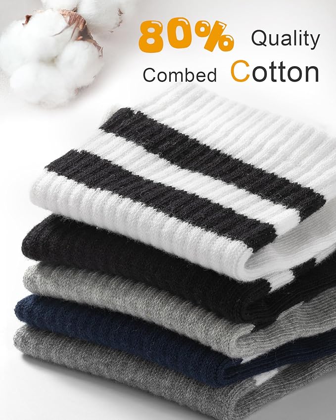 HONGTEYA Kids Socks for Girls Boys Soft Stretch Cotton Crew Seamless Athletic Socks School Uniform 4-12 Years 5 Packs