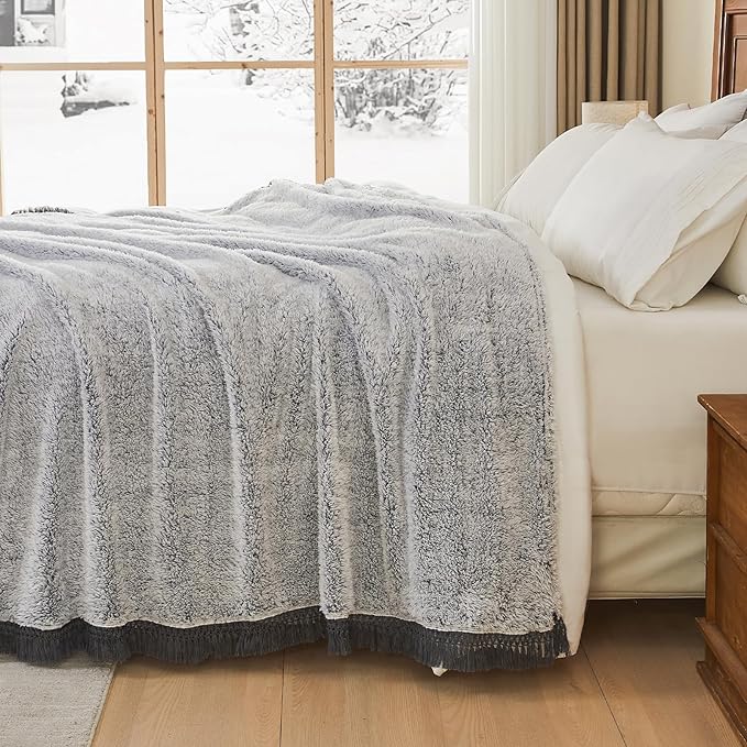 EMME Soft Sherpa Fleece Blanket with Tassel, Reversible Plush Fluffy Large Blanket, Light Weight Warm Decorative Boho Blanket Cover for Sofa, Couch, Bedroom,Travel(Tassel Grey,50"x60")