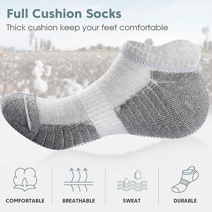 TANSTC Mens Socks,6 Pairs Anti-Blister Cushioned Breathable Cotton Athletic Ankle Running Sports Women Sock