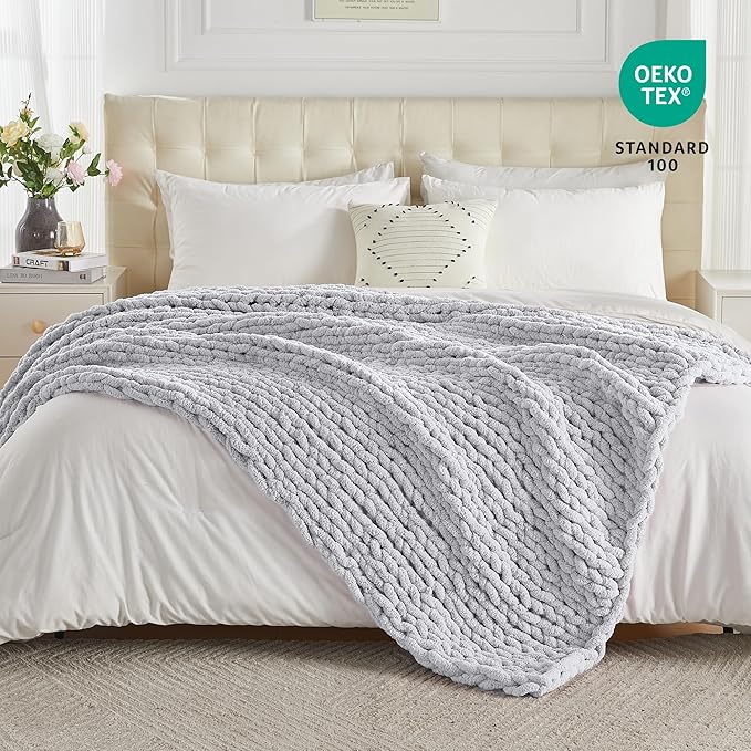 Carriediosa Chunky Knit Throw Blanket 50" X 60", 100% Hand Made Large Chenille Loop Yarn Soft Fluffy Throws for Couch Sofa Bed, Big Crochet Cozy Heavy Thick Cable Woven Blanket, Grey