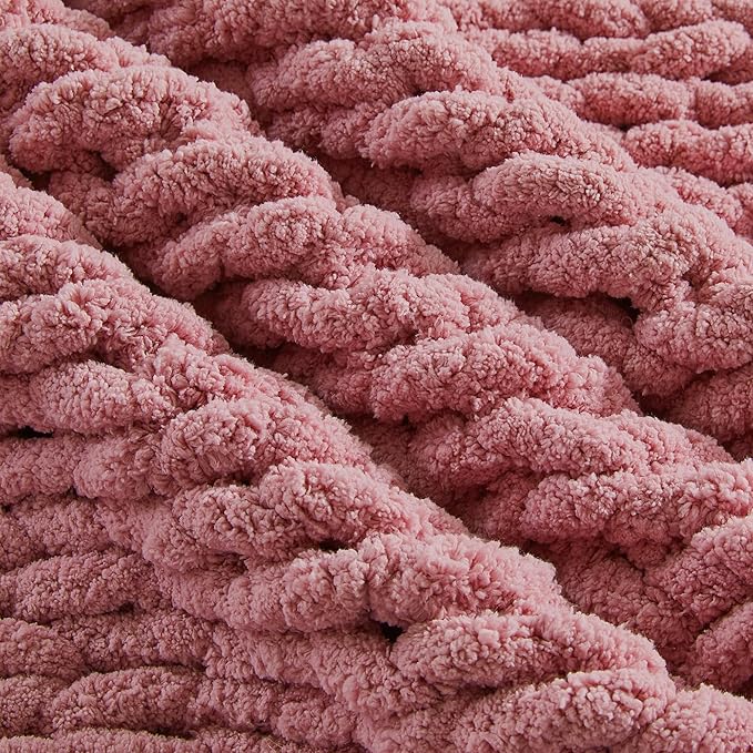 Carriediosa Chunky Knit Throw Blanket 60" X 80" Twin, 100% Hand Made Large Chenille Loop Yarn Soft Fluffy Throws for Couch Sofa Bed, Big Crochet Cozy Heavy Thick Cable Woven Blanket, Mauve