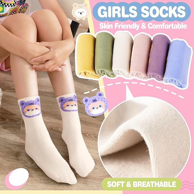 EBMORE Kids Girls Socks Cotton Crew Cute Animal Pattern Fashion Fun Novelty Socks 6 Pack