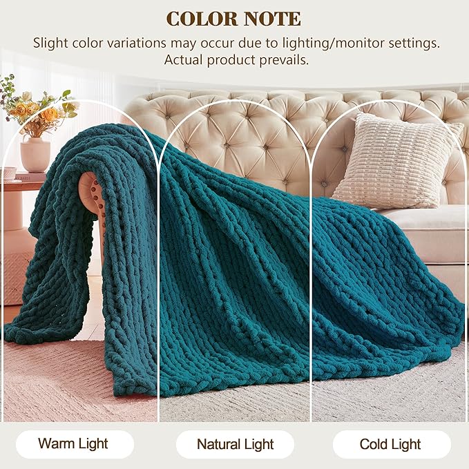 Carriediosa Chunky Knit Throw Blanket 60" X 80" Twin, 100% Hand Made Large Chenille Loop Yarn Soft Fluffy Throws for Couch Sofa Bed, Big Crochet Cozy Heavy Thick Cable Woven Blankets, Teal