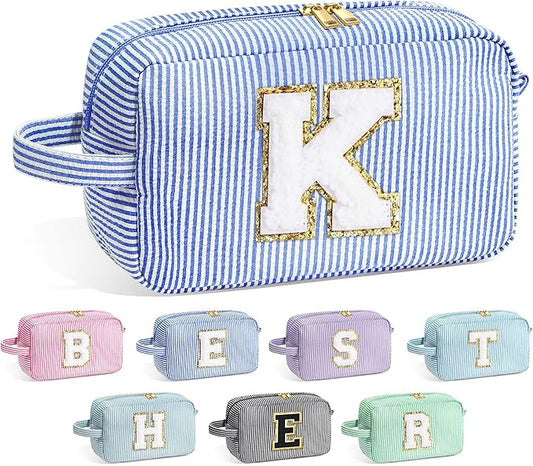YOOLIFE Makeup Bag for Women - Monogram Cute Initial Blue Makeup Bags Cosmetic Toiletry Pouch Make Up Case for Women Her Best Friend Friendship Sister Teacher, Personalized Birthday Gifts for Women K