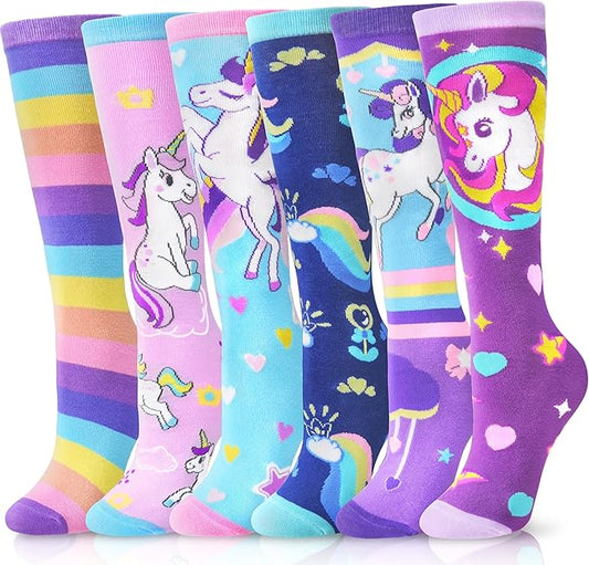 ANTSANG Kids Girls Knee High Socks Fashion Funny Crazy Stockings Gift Cute Novelty Long Boot Cotton Socks for Child 6 Pairs